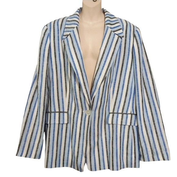 🎟️BOGO FREE🎟️ Kasper Linen  One Blend Striped Blazer Sz 18 - Picture 1 of 6
